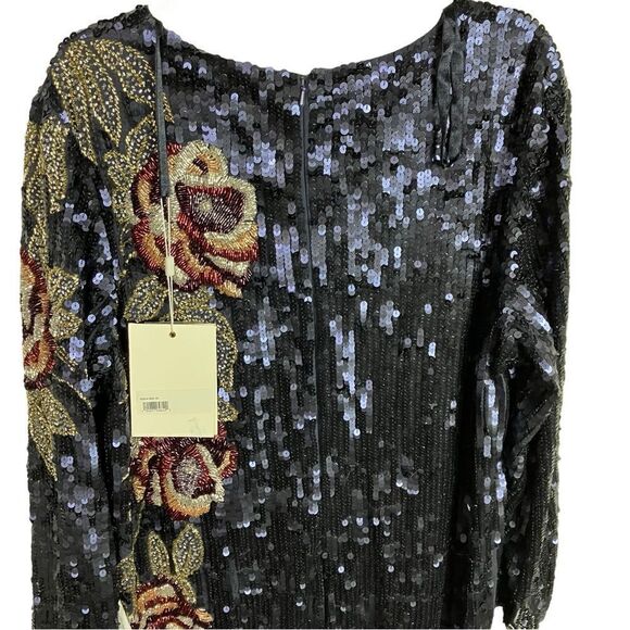 Mac Duggal Dress 20 Blue Sequined Floral Long Sleeve Midi Dress 93624 Modest - Picture 9 of 16